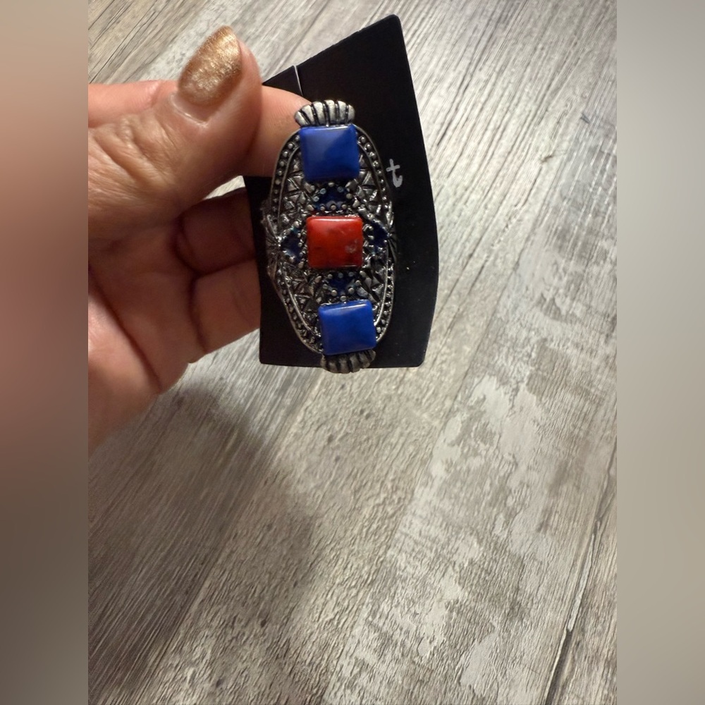 Vintage Style Silver and Blue Red Brooch